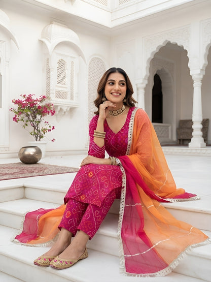 Bandhani Printed Straight Kurta Set With Dupatta