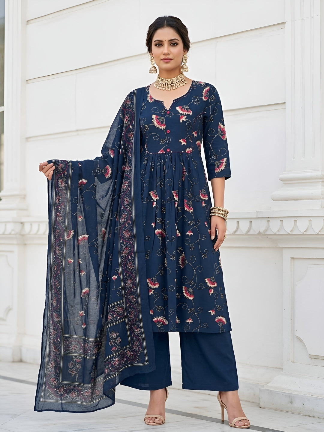 Printed A-Line Kurta Set With Dupatta