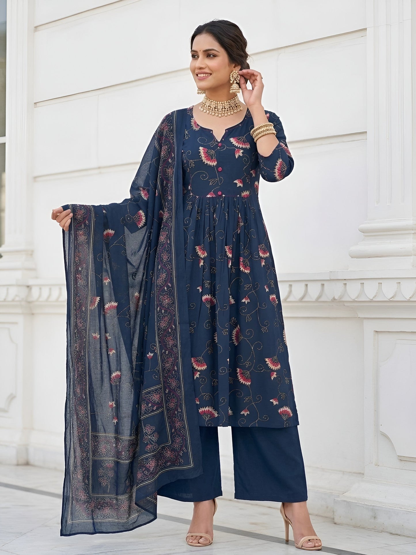 Printed A-Line Kurta Set With Dupatta