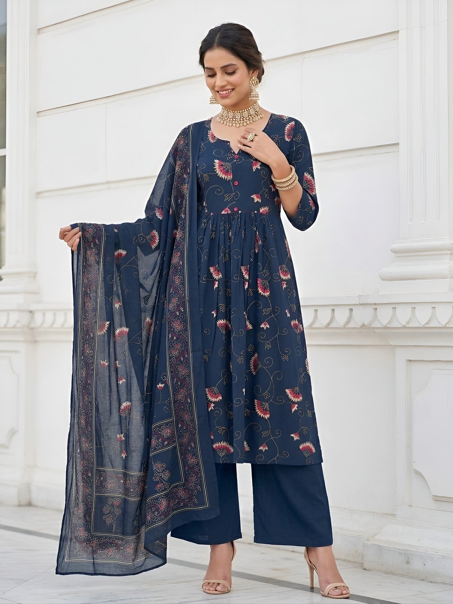 Printed A-Line Kurta Set With Dupatta