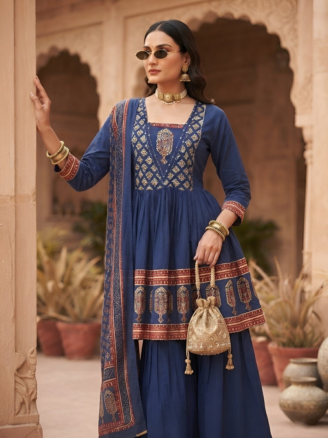Printed Peplum Kurta Set With Dupatta