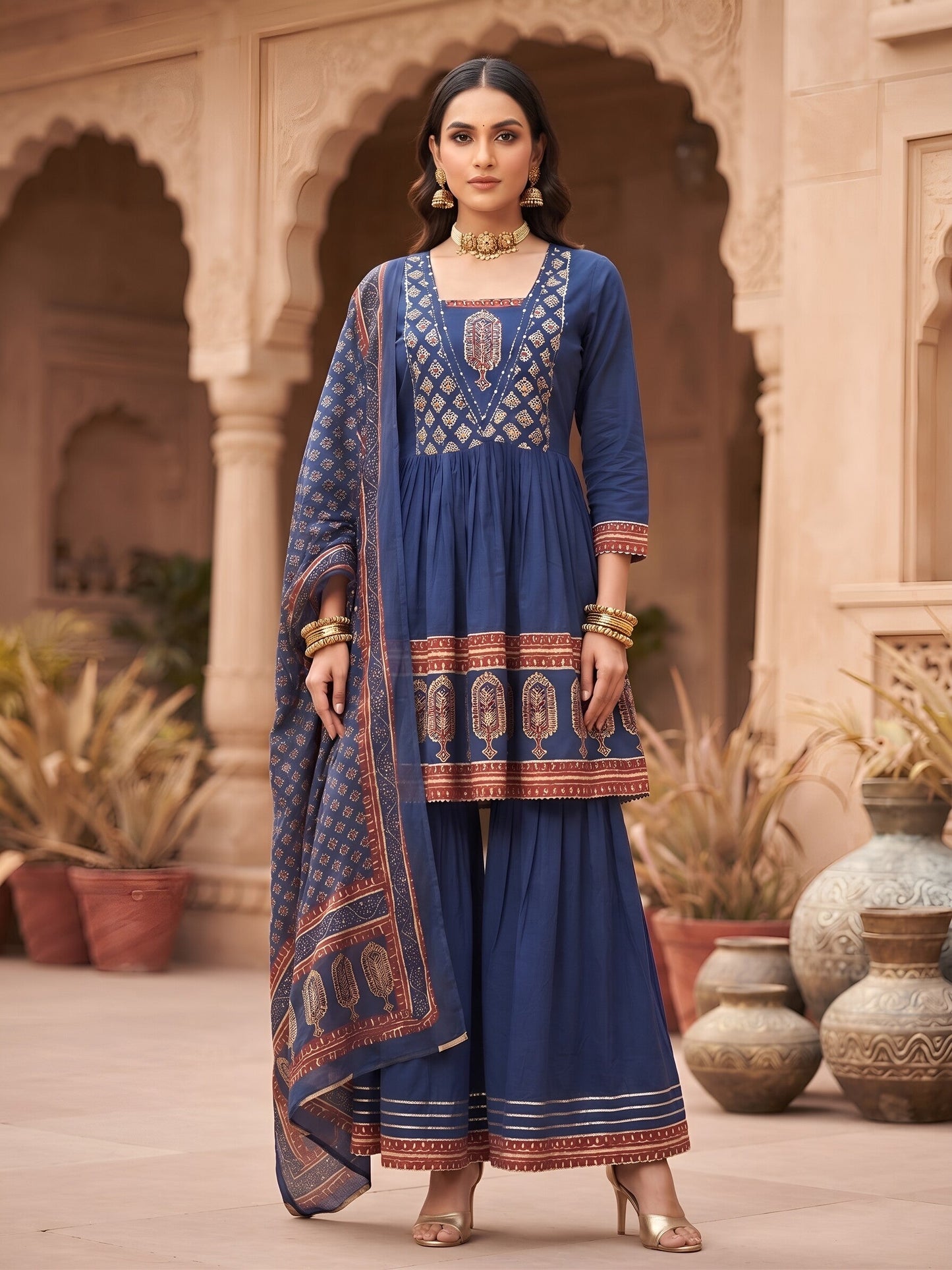 Printed Peplum Kurta Set With Dupatta