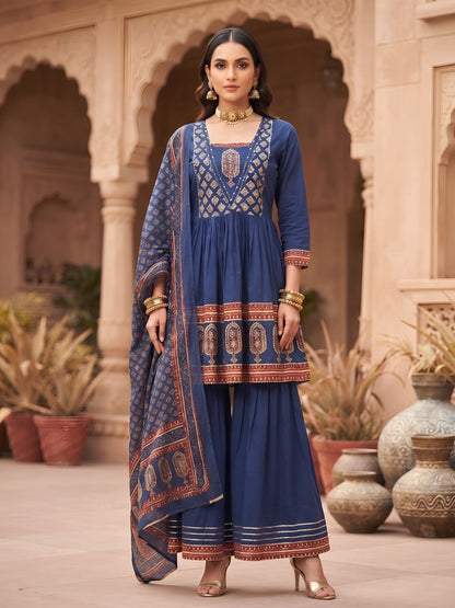 Printed Peplum Kurta Set With Dupatta