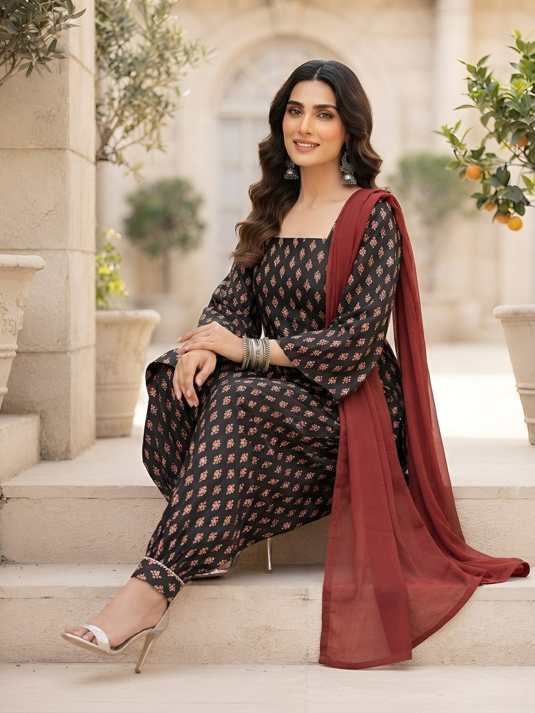 Printed Kurta With Farsi Salwar &amp; Dupatta