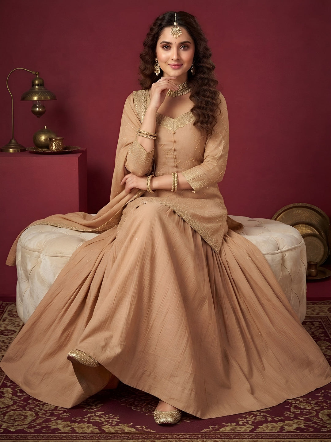 Golden Embroidered Kurta Set With Dupatta