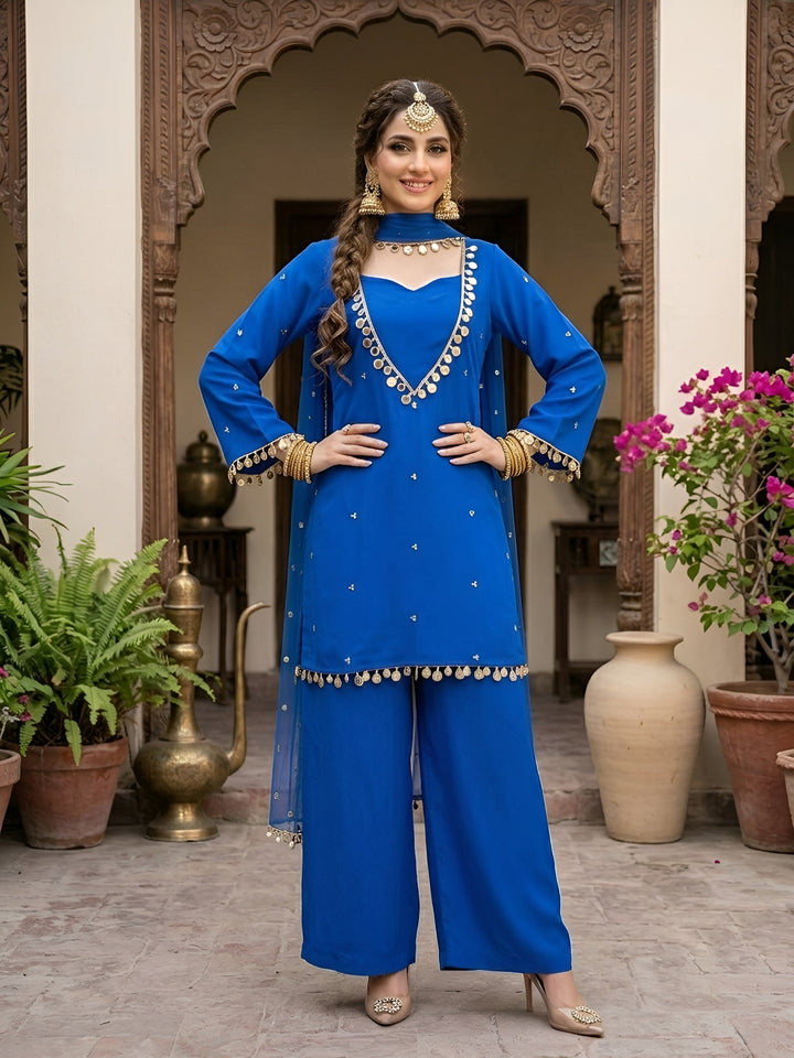 Solid Kurti &amp; Palazzo Set With Dupatta