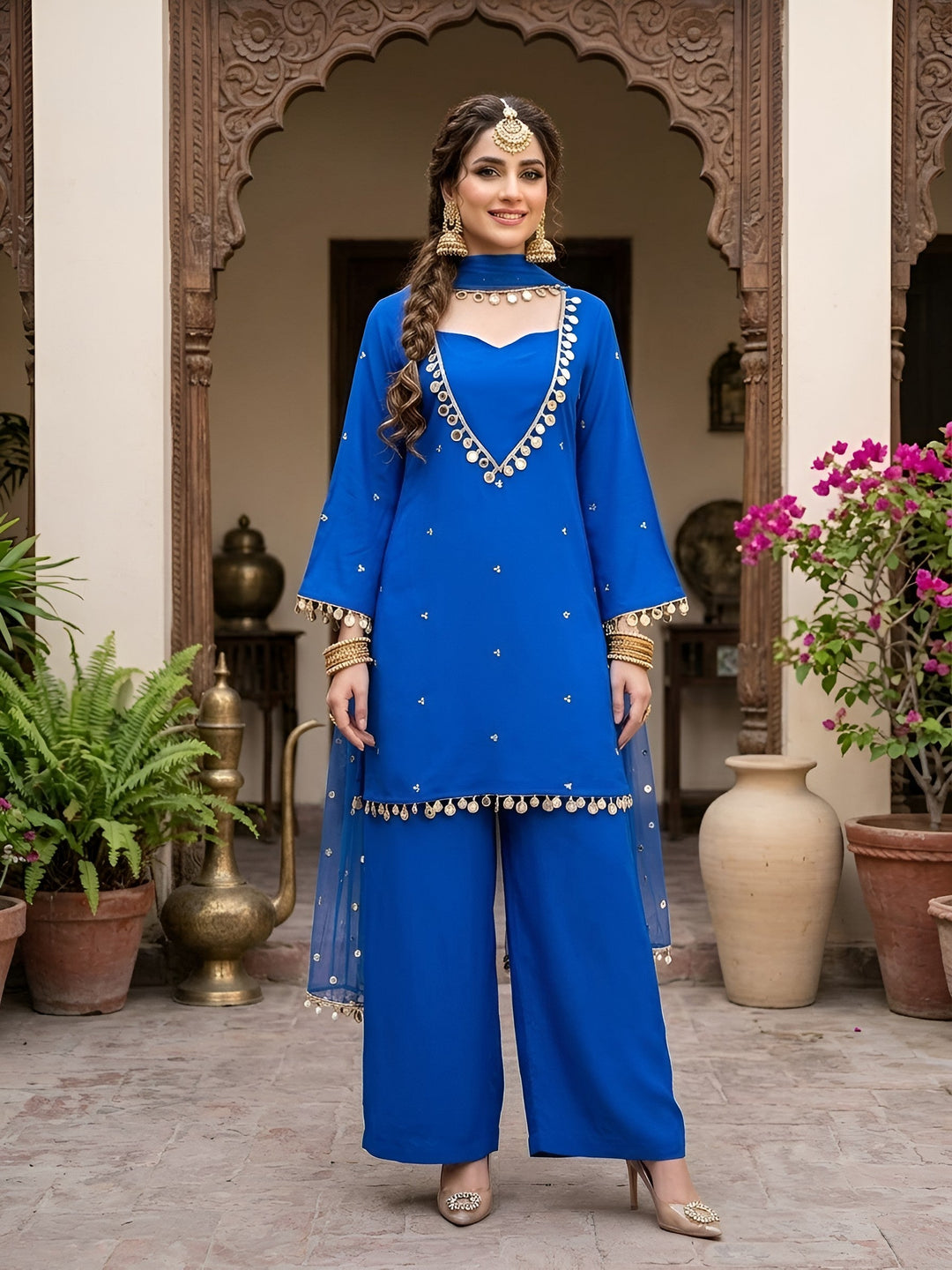 Solid Kurti &amp; Palazzo Set With Dupatta