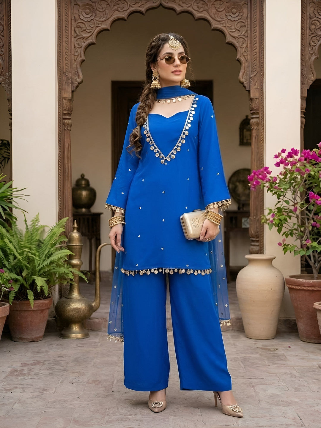 Solid Kurti &amp; Palazzo Set With Dupatta