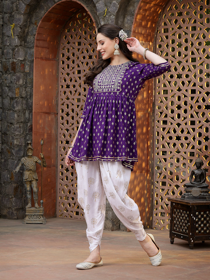 Printed &amp; Embroidered Rayon Kurti with Dhoti Pant