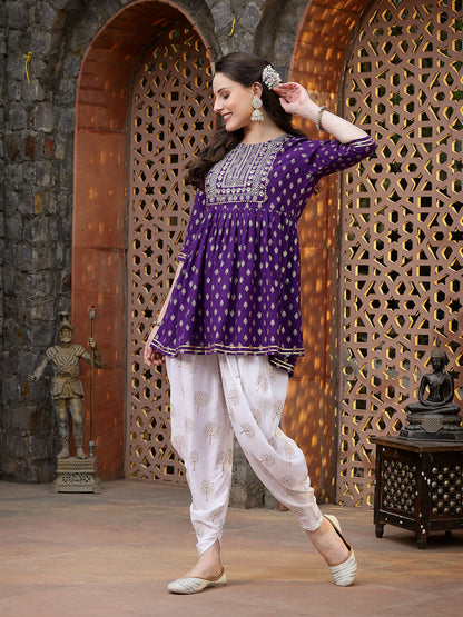 Printed & Embroidered Rayon Kurti with Dhoti Pant (Pre-Order)