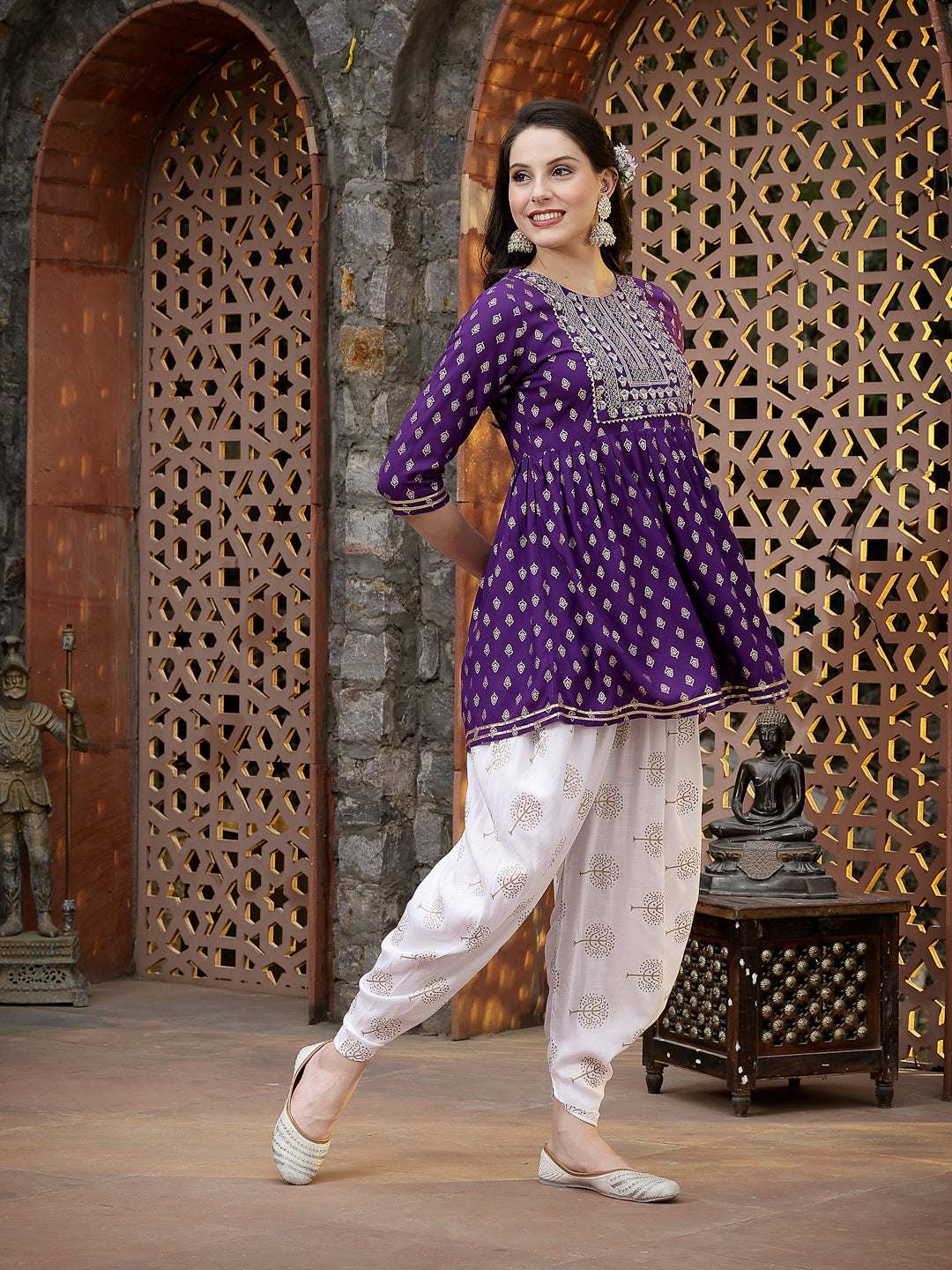 Printed &amp; Embroidered Rayon Kurti with Dhoti Pant