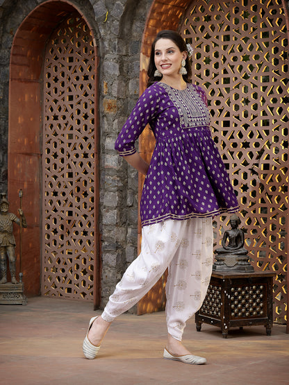 Printed & Embroidered Rayon Kurti with Dhoti Pant