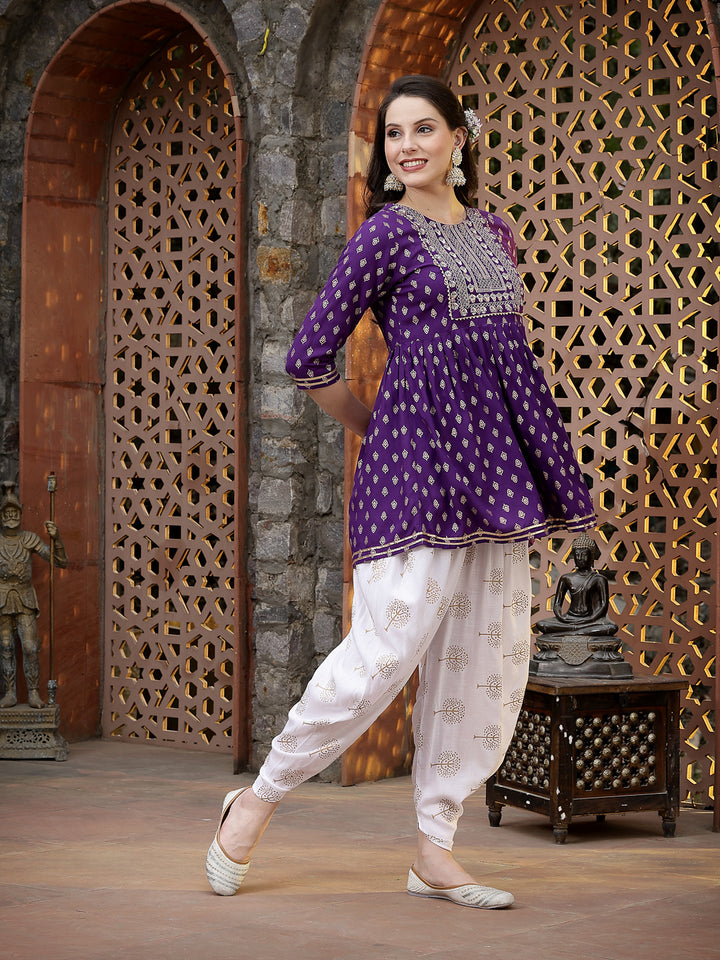 Printed &amp; Embroidered Rayon Kurti with Dhoti Pant