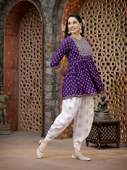 Printed & Embroidered Rayon Kurti with Dhoti Pant (Pre-Order)