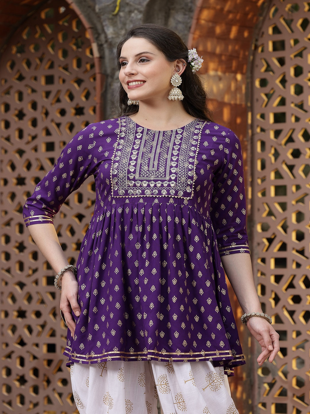 Printed &amp; Embroidered Rayon Kurti with Dhoti Pant