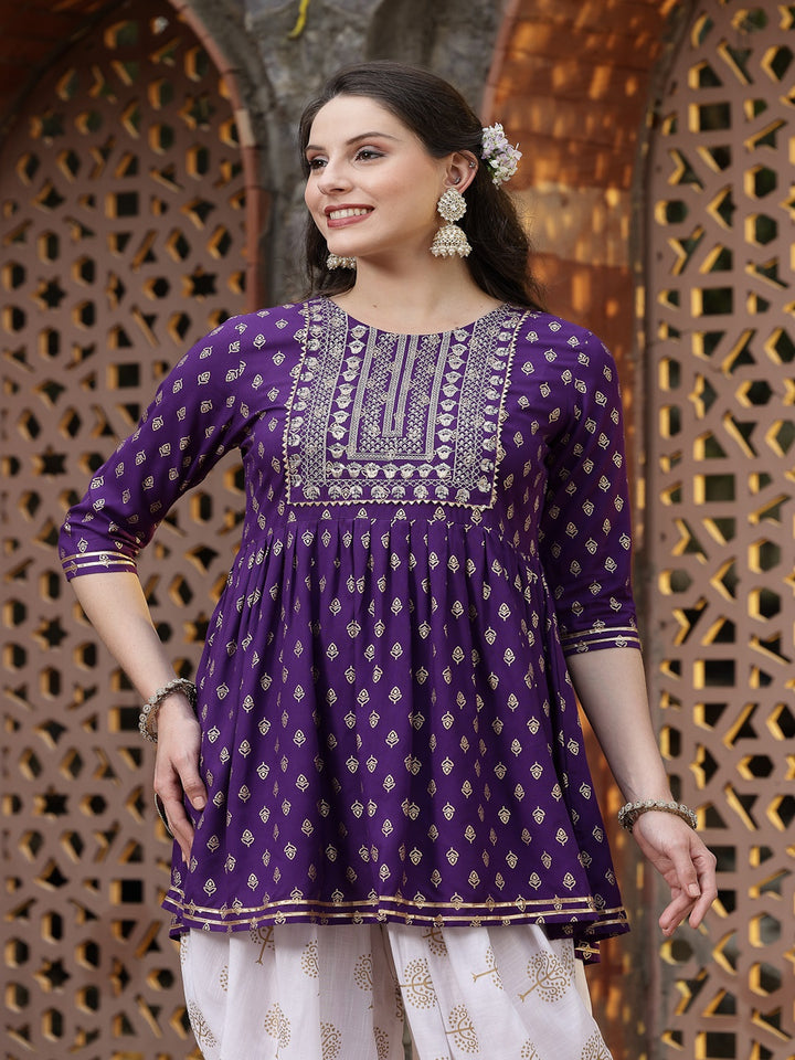 Printed &amp; Embroidered Rayon Kurti with Dhoti Pant