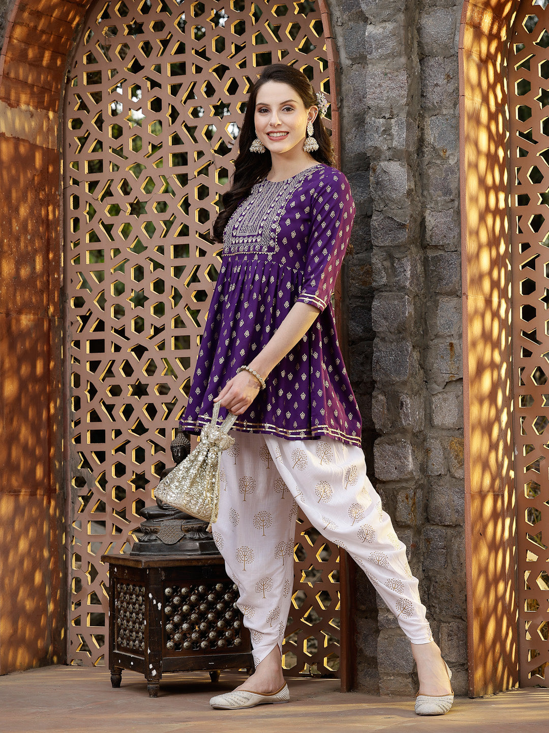 Printed &amp; Embroidered Rayon Kurti with Dhoti Pant