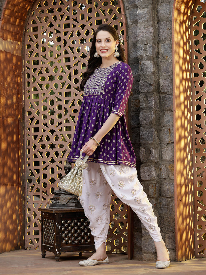 Printed &amp; Embroidered Rayon Kurti with Dhoti Pant