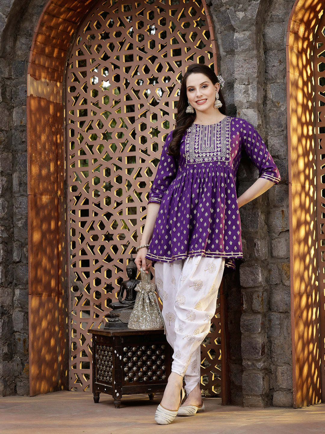 Printed &amp; Embroidered Rayon Kurti with Dhoti Pant