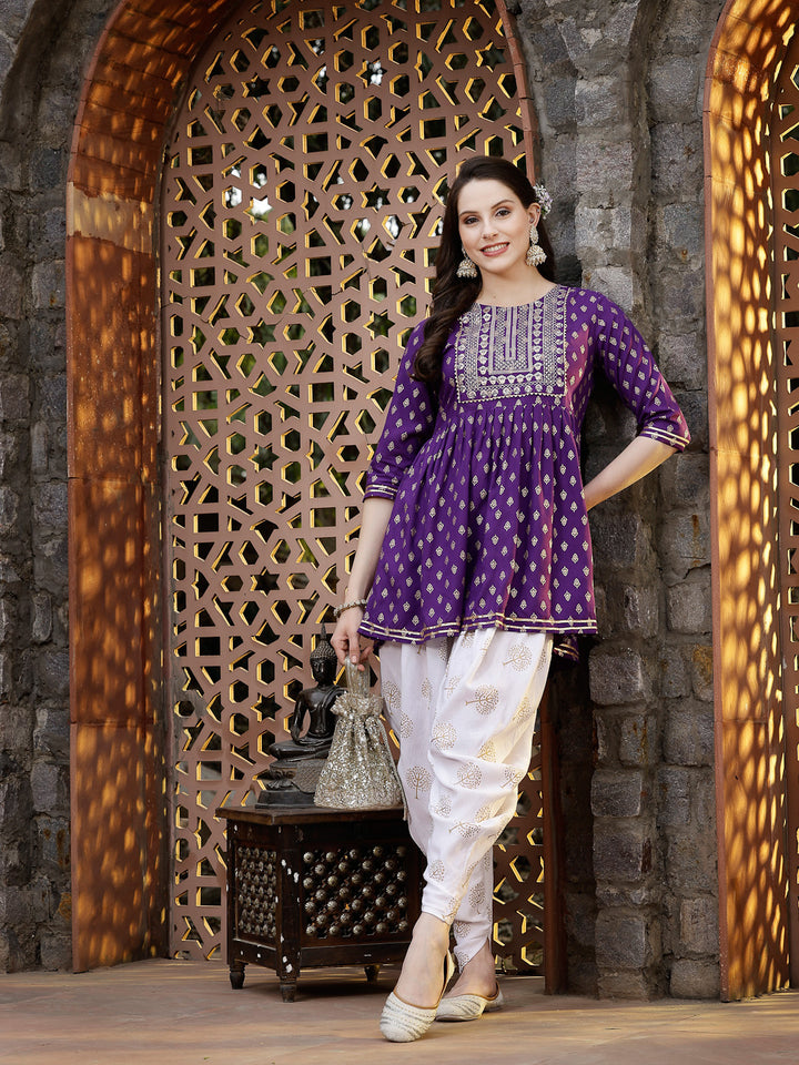 Printed &amp; Embroidered Rayon Kurti with Dhoti Pant