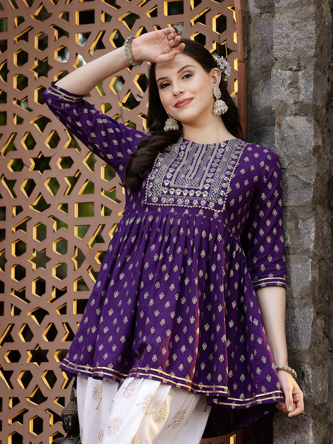 Printed &amp; Embroidered Rayon Kurti with Dhoti Pant