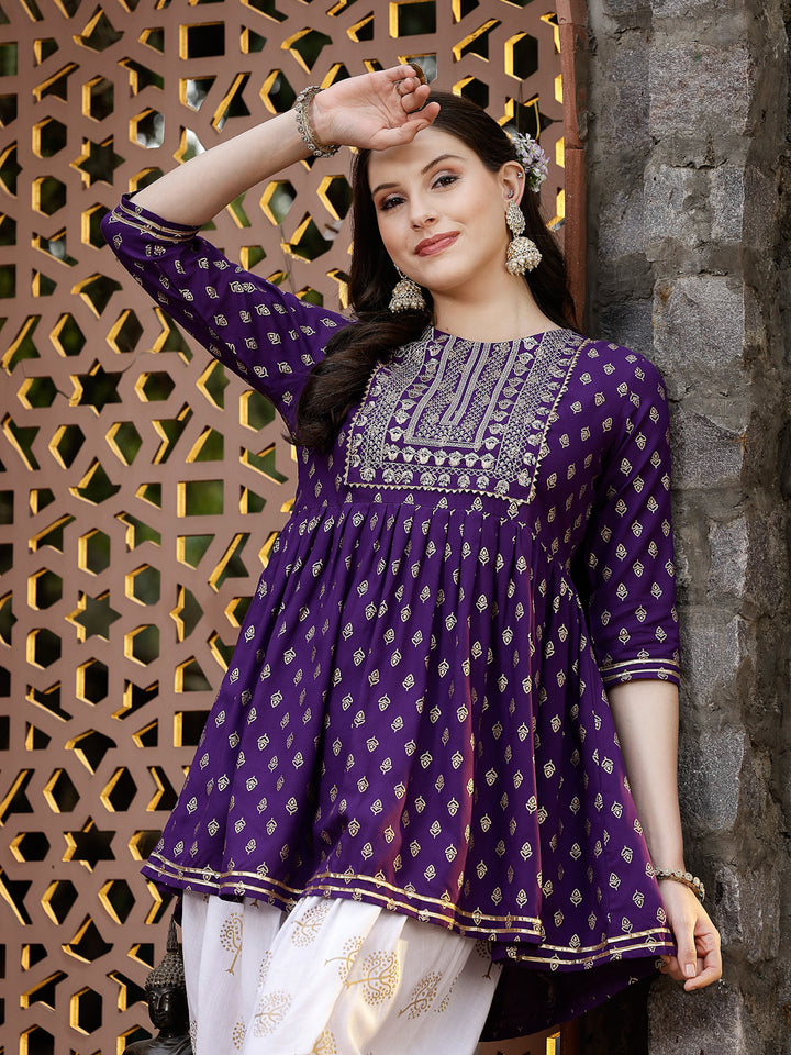 Printed &amp; Embroidered Rayon Kurti with Dhoti Pant