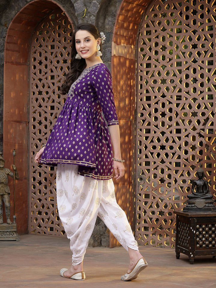 Printed &amp; Embroidered Rayon Kurti with Dhoti Pant