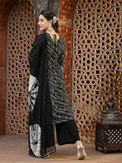 Bandhej Printed Rayon Naira Cut Kurta Palazzo Dupatta Set (Pre-Order)