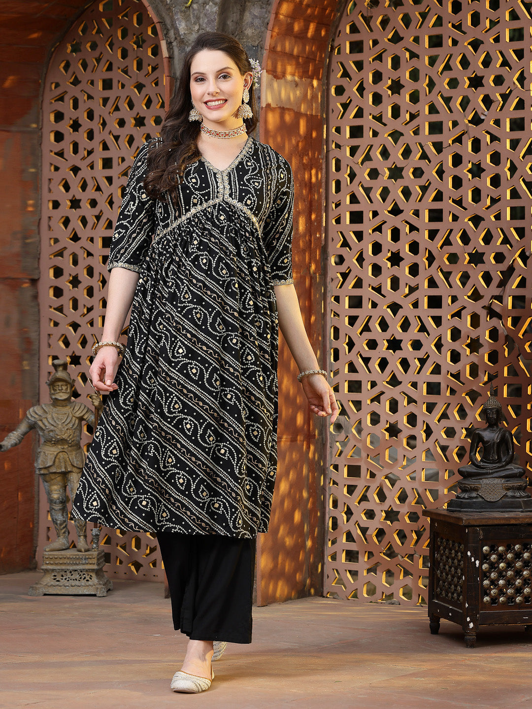 Bandhej Printed Rayon Naira Cut Kurta Palazzo Dupatta Set (Pre-Order)