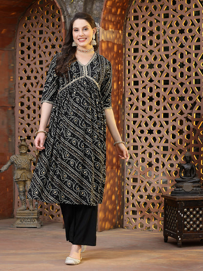 Bandhej Printed Rayon Naira Cut Kurta Palazzo Dupatta Set (Pre-Order)