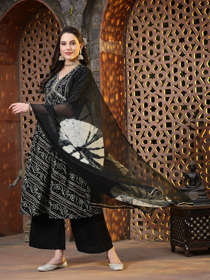 Bandhej Printed Rayon Naira Cut Kurta Palazzo Dupatta Set (Pre-Order)