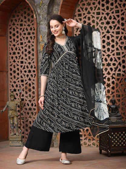 Bandhej Printed Rayon Naira Cut Kurta Palazzo Dupatta Set (Pre-Order)