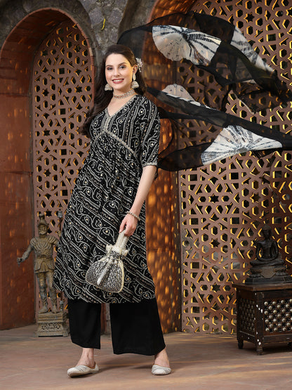 Bandhej Printed Rayon Naira Cut Kurta Palazzo Dupatta Set (Pre-Order)