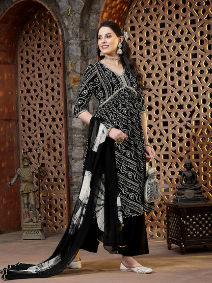 Bandhej Printed Rayon Naira Cut Kurta Palazzo Dupatta Set (Pre-Order)