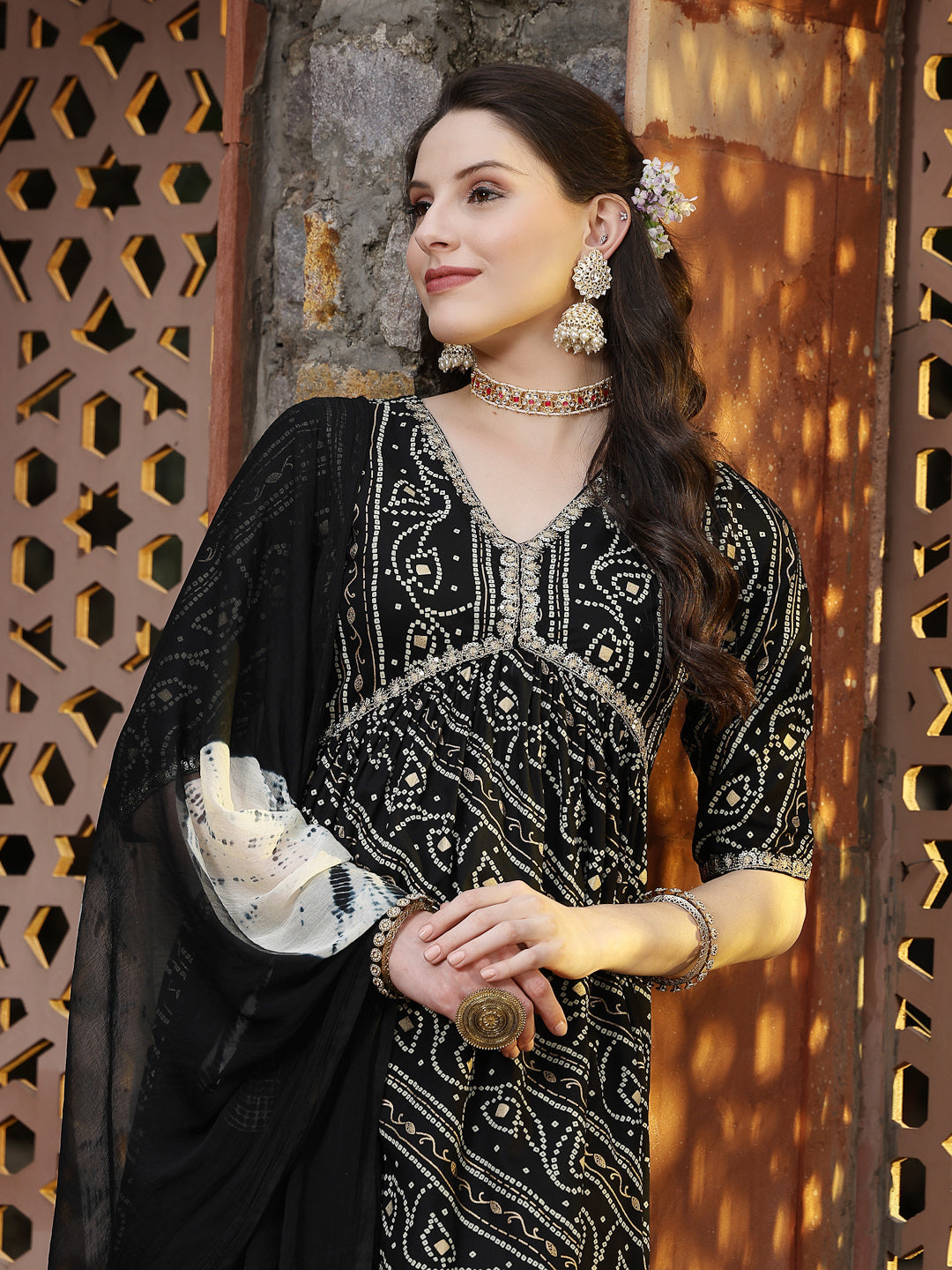 Bandhej Printed Rayon Naira Cut Kurta Palazzo Dupatta Set (Pre-Order)