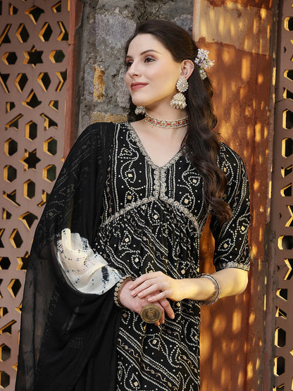 Bandhej Printed Rayon Naira Cut Kurta Palazzo Dupatta Set (Pre-Order)