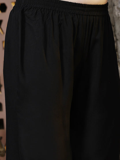 Bandhej Printed Rayon Naira Cut Kurta Palazzo Dupatta Set (Pre-Order)