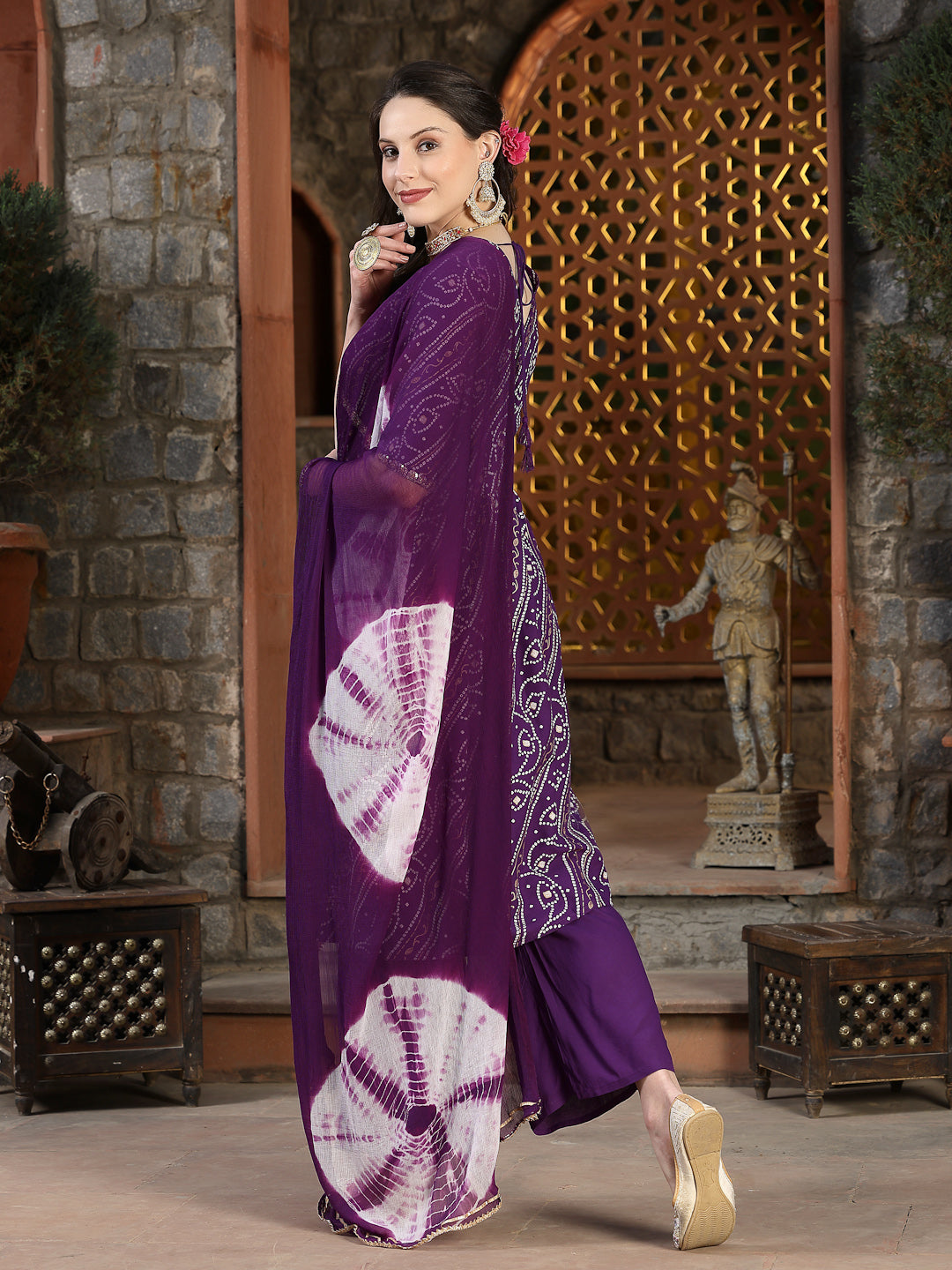 Bandhej Printed Rayon Naira Cut Kurta Pant Dupatta Set