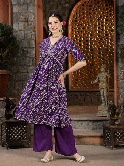 Bandhej Printed Rayon Naira Cut Kurta Pant Dupatta Set