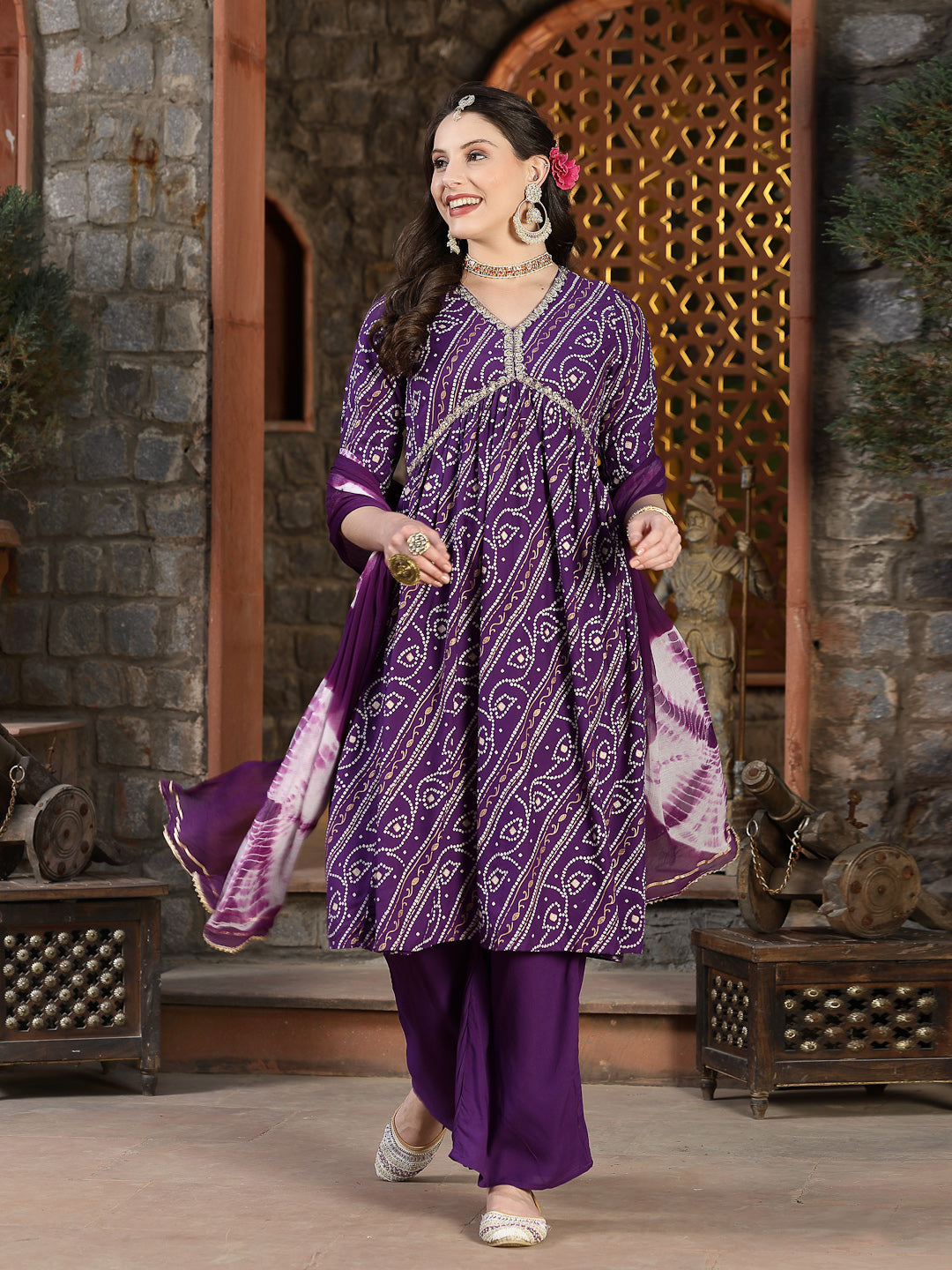 Bandhej Printed Rayon Naira Cut Kurta Pant Dupatta Set