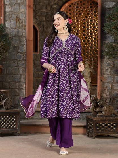 Bandhej Printed Rayon Naira Cut Kurta Pant Dupatta Set