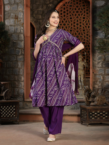 Bandhej Printed Rayon Naira Cut Kurta Pant Dupatta Set