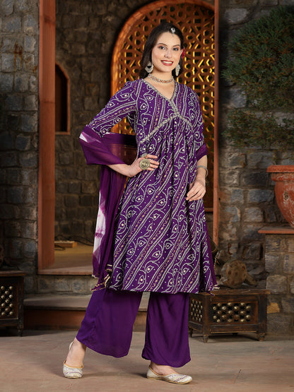 Bandhej Printed Rayon Naira Cut Kurta Pant Dupatta Set (Pre-Order)