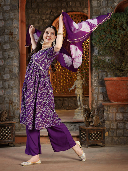 Bandhej Printed Rayon Naira Cut Kurta Pant Dupatta Set