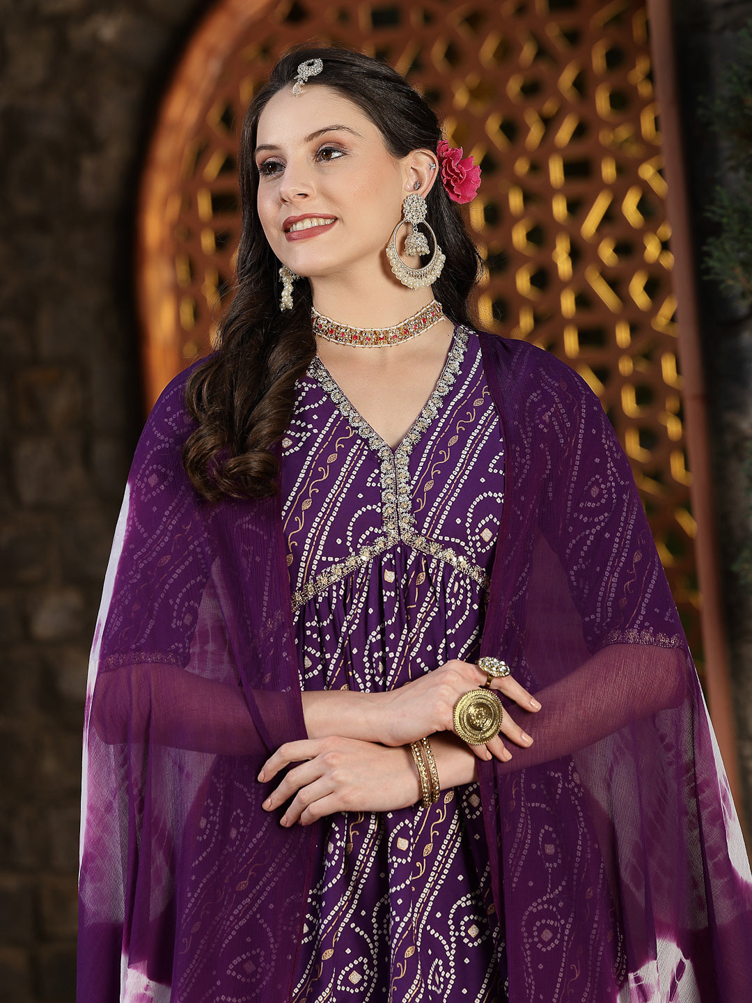 Bandhej Printed Rayon Naira Cut Kurta Pant Dupatta Set (Pre-Order)