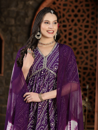 Bandhej Printed Rayon Naira Cut Kurta Pant Dupatta Set