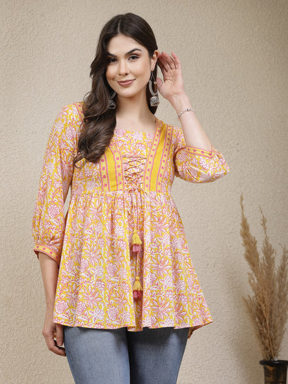 Stylum yellow cotton printed top – wholesale manufacturer & exporter from India