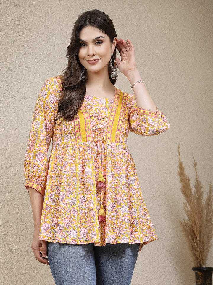 Stylum yellow cotton printed top – wholesale manufacturer &amp; exporter from India