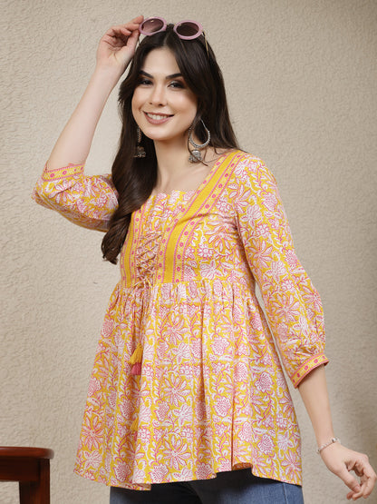 Floral Printed Cotton Peplum Top (Pre-Order)