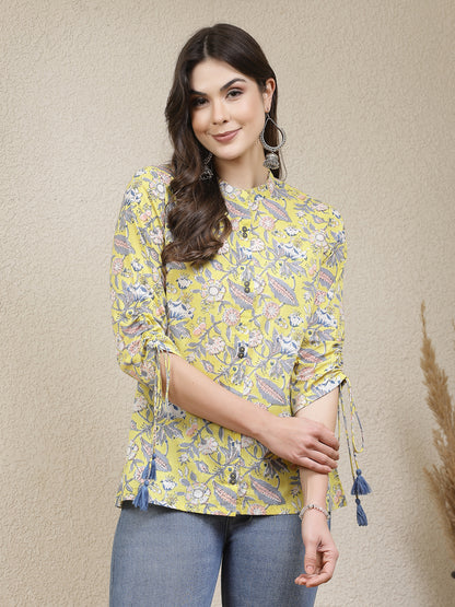 Floral Printed Cotton Shirt Style Top